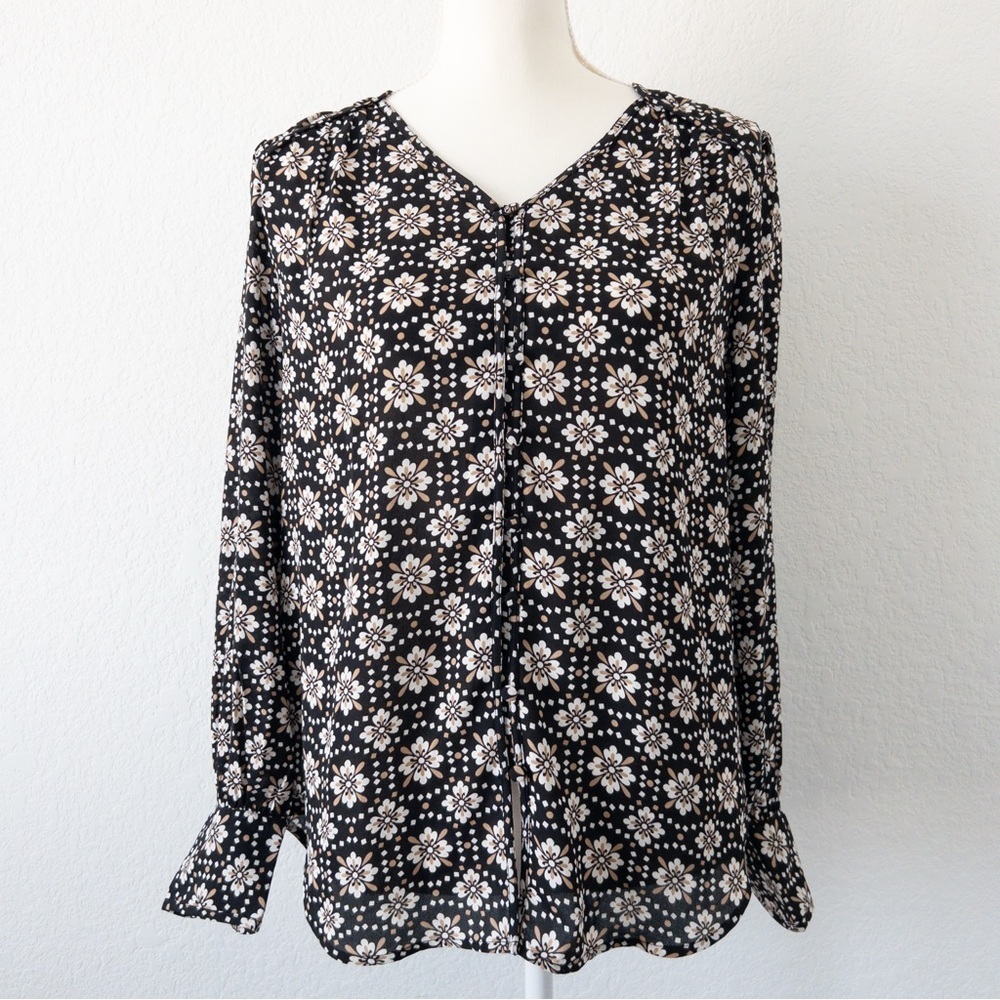 Ann Taylor Black Beige White Floral‎ Long Sleeve Blouse Size Small